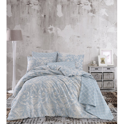King Quilt Cover Set (3 Pieces), Blue & Cream, 94.5 x 86.6 inches | 65% Cotton / 35% Polyester, Machine Washable, 120 Thread Count | Includes 2 Pillowcases with Envelope Closure & Button Duvet Cover | Elegant & Cozy Bedding