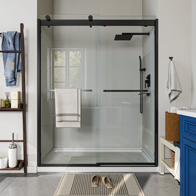 60 in. W x 76 in. H Framed Exposed Roller Sliding Shower Door in Matte Black with 5/16 in. (8mm) Tempered Clear Glass