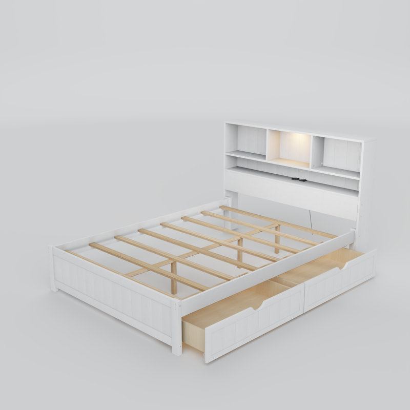 Bed with Charging Station, and 2 Side Drawers, White, Twin