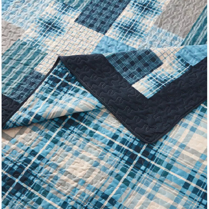 Newlin Polyester Patchwork Bedspread with Pillow Shams Included, 250 x 270 cm Bedspread - 2 Pillowcases, Blue