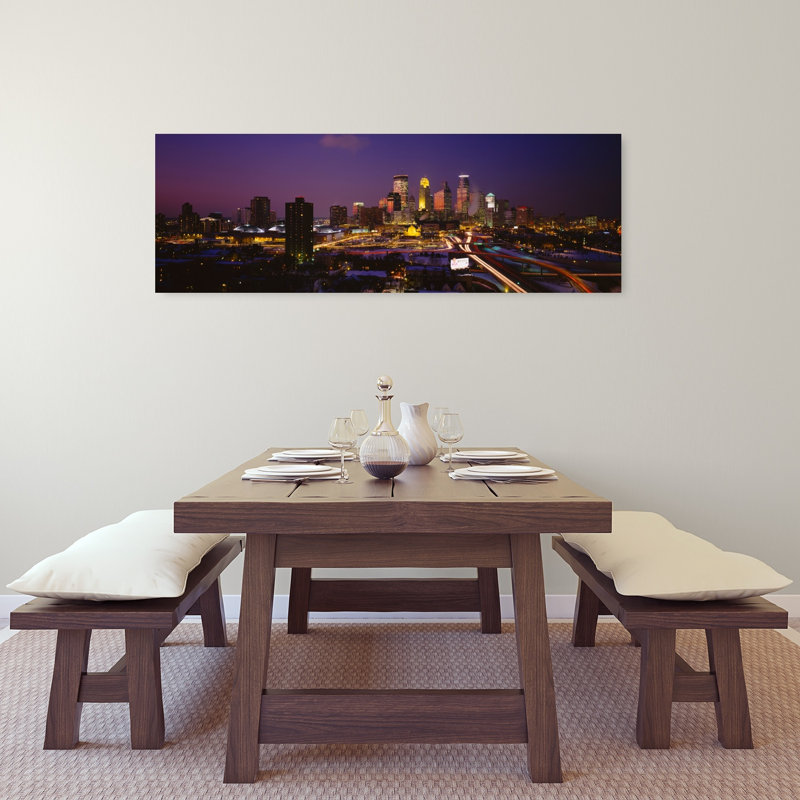 Skyscrapers lit up at dusk Minneapolis Minnesota USA 1 Piece Wrapped Canvas Panoramic Wall Art, 40.64 cm H x 121.92 cm W