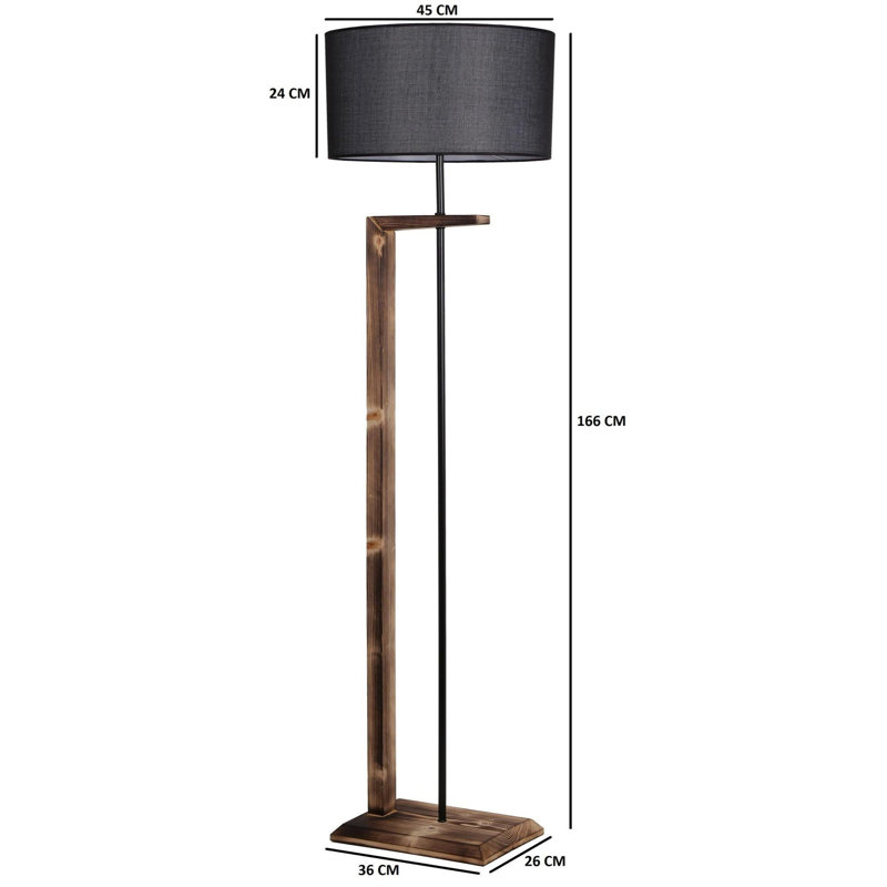 Luro Elegant Floor Lamp with Metal & Wooden Body, 64.2 in Tall | Fabric Cap: 9.8 in Dia, 15.7 in L | Foot: 14.2 x 10.2 in | E27 Socket, Max 60W, On/Off Switch, A++ Energy Rated | Stylish Brown & Black Design for Home Decor
