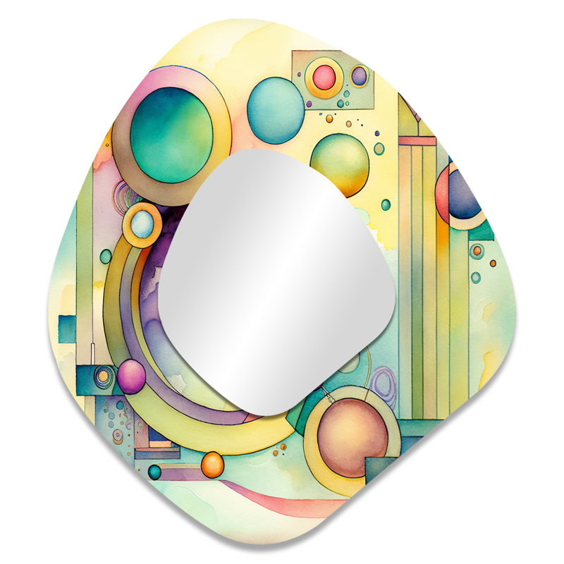 Pastel Watercolor Art Deco I - Geometric Unique Shape Mirror, Green Asymmetrical Decorative Wall Mirror, Printed Metal Art
