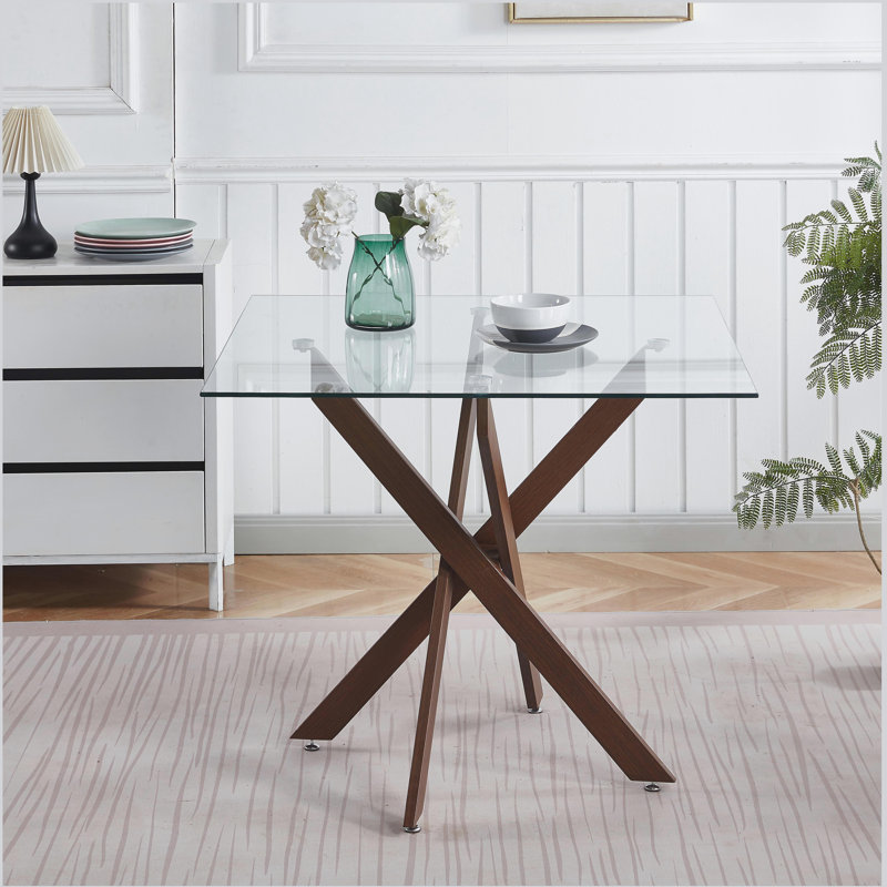 Table de salle à manger avec pieds croisés en métal, table de cuisine moderne pour le salon, table carrée, Noyer foncé