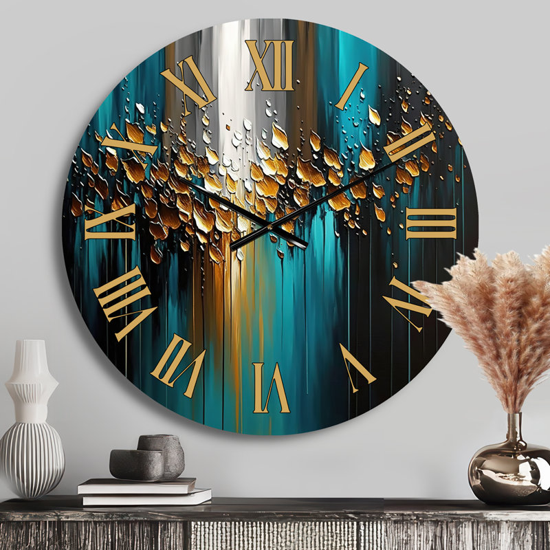 Horloge murale abstraite à motif géométrique vert et doré, Médium