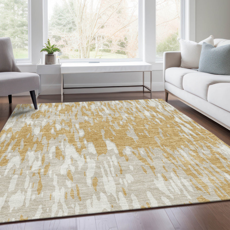 Tapis doré Prisco lavable à la machine de qualité supérieure, Rectangulaire 8 pi x 10 pi