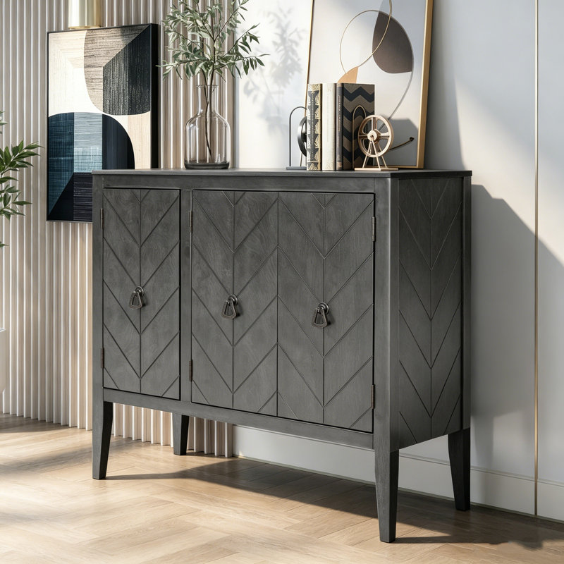 Buffet à tablette réglable rétro avec 3 poignées en métal et 4 pieds en pin, solution de rangement multi-pièces, Gris