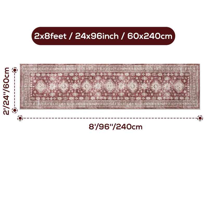 Boho Vintage Washable Indoor Rug - 2'x8', Non-Slip Hallway Runner Rug Entryway Runner, Farmhouse Style, Trendy Distressed Faded Carpet for Bedroom, Kitchen, Laundry, Burgundy
