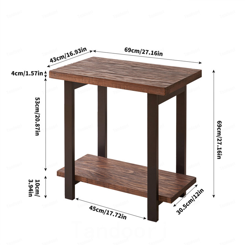 Table de bout industrielle à 2 niveaux, table d'appoint en bois massif avec plateau de table en pin vieilli et pieds en bois d'hévéa, table de chevet avec rangement pour le salon