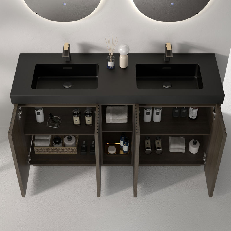 60" Double Bathroom Vanity with Matt Black Solid Surface Top, Smoked Oak Brown , Black/Dark Brown, Single-Hole