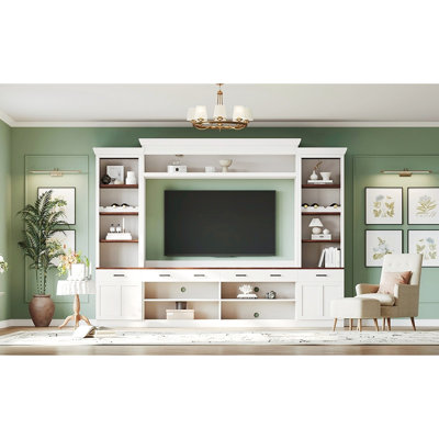 4 Media Console With Bookshelf, Walnut Tv Stand For 70" Tvs, White Mid-Century Entertainment Center Adjustable Shelves And Wine Rack Bookshelf
