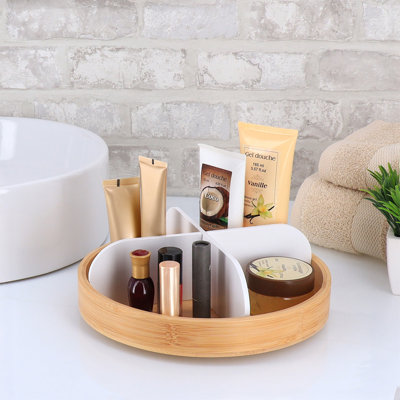 Rotating Bathroom Organizer with 4 Compartments - Bamboo Base White Finish