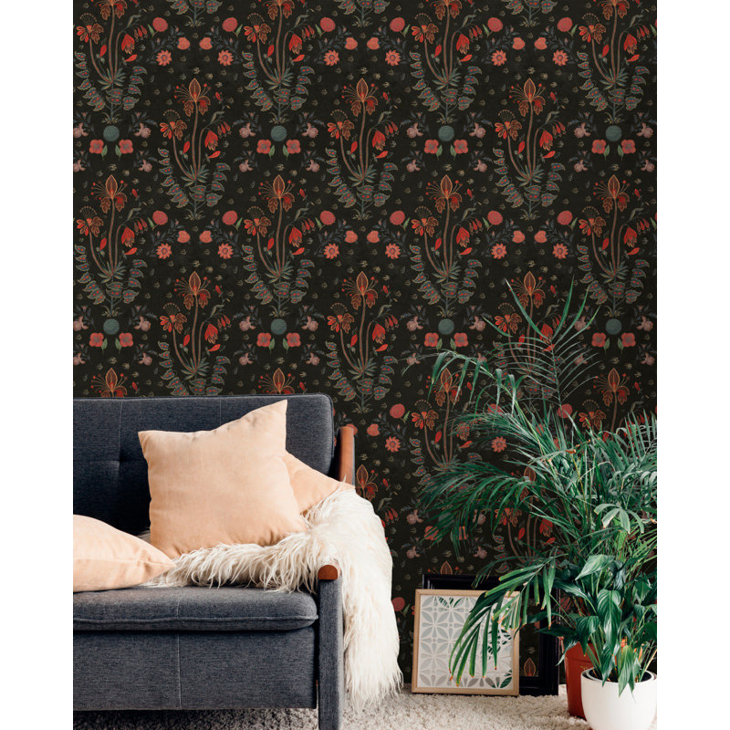 Hippie Spirit Floral Wallpaper Roll, Red/Blue/Black