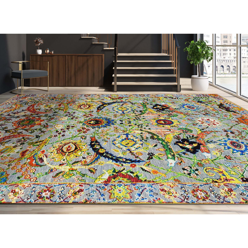 Tapis oriental vert / orange / jaune en laine / soie noué à la main Rectangle, Rectangle 6 pi x 9 pi