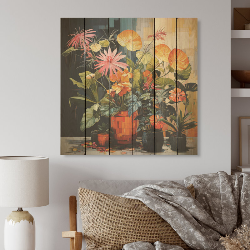 Symphonie vibrante de plantes botaniques - Art sur bois de pin naturel, H 15 po x l 15 po