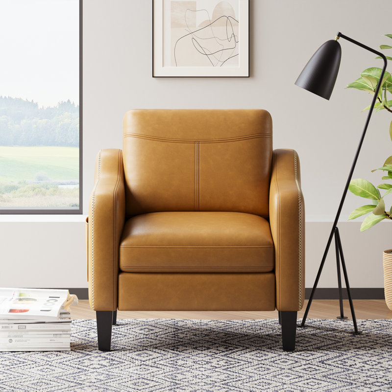 Mid-Century Accent Chair, Solid Wood Frame, Removable Cushions, Living Room Armchair, Brown, Faux Leather