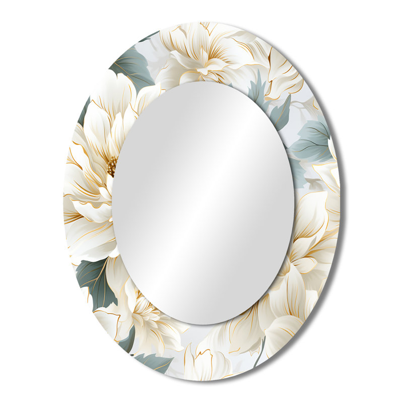 White Mandalas Chrysanthemum Boho Pattern - White Traditional Oval Wall Mirror, 43" H x 33" W