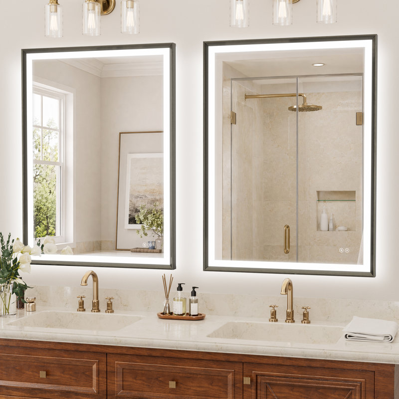 Miroir mural de salle de bain moderne à DEL avec verre trempé et cadre biseauté, 30 po x 40 po, Noir brossé