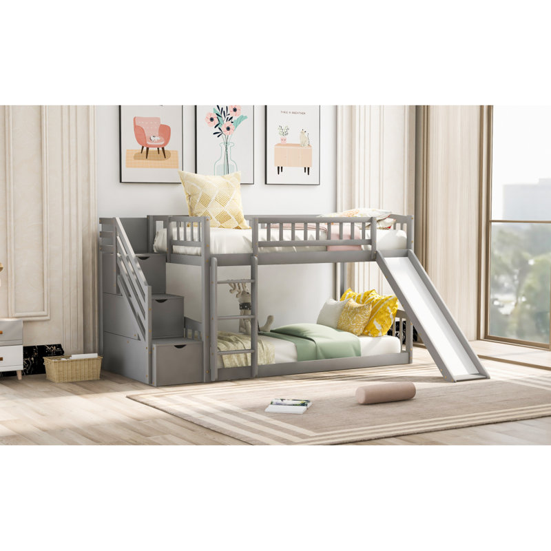 Lit superposé au dessus d'un escalier avec 2 tiroirs et glissade, Gris