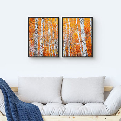 Autumnal Bright Leaves on White Trees - Peinture encadrée 2 pièces