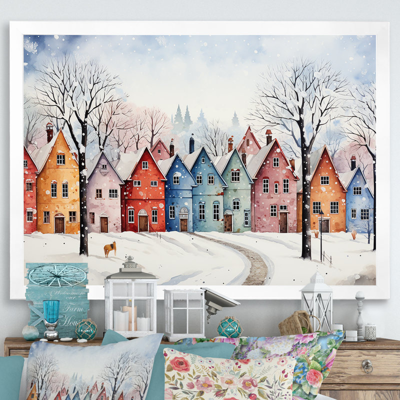 Décoration murale multicolore ville givrée en hiver II - Paysage d'hiver, Cadre de coin blanc fermé