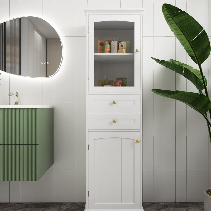 63"Tall Free-Standing  With Glass Doors,  Two Drawers And Adjustable Shelves Bathroom Storage Cabinet In White