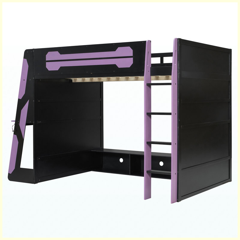 Lit mezzanine double en bois avec bureau, tablettes multi-rangements et lumière RVB, mauve