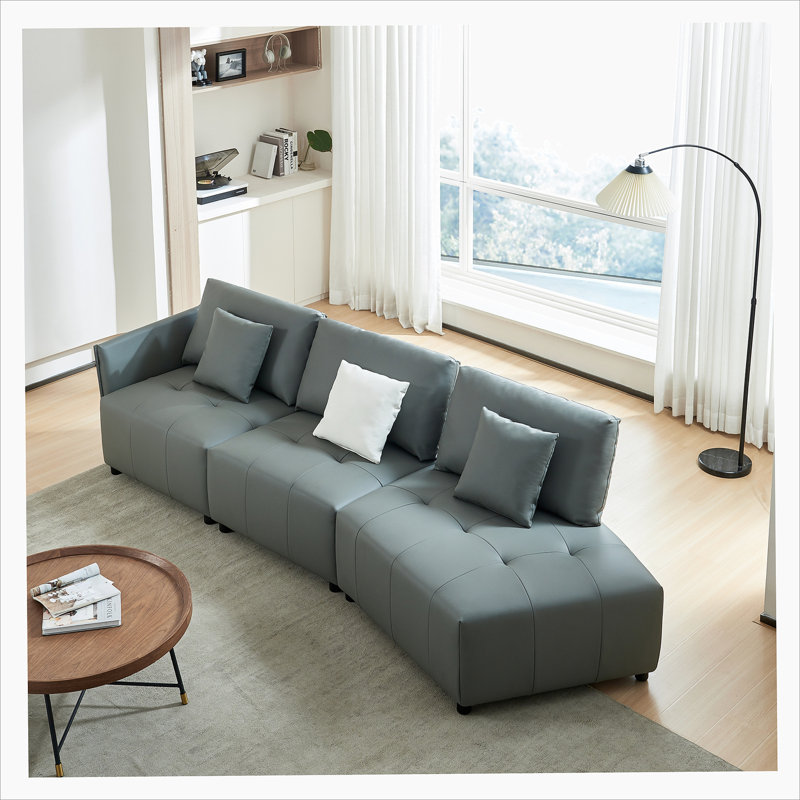 Annibella Upholstered Curved Sectional Reversible, Gray Real Leather
