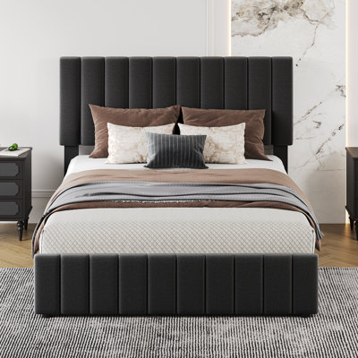 Full/Queen/King Size Bed Frame with 4 Storage Drawers, Linen Upholstered Platform Bed Frame, Adjustable Height Headboard, No Box Spring Needed, Easy to Assembly