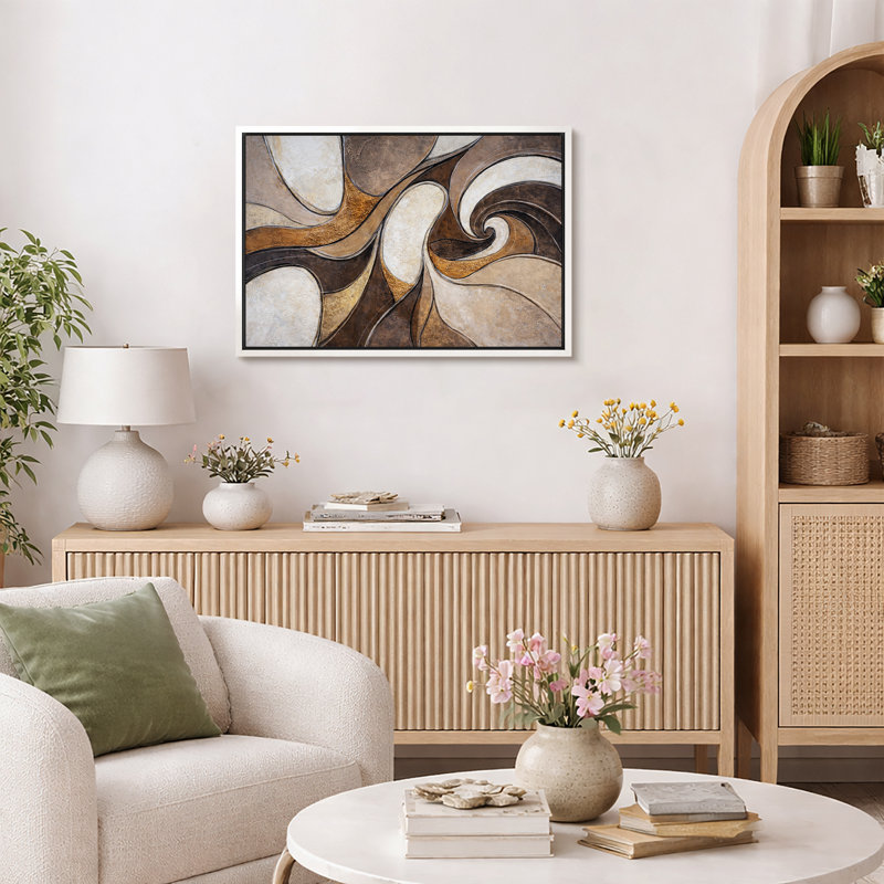 Œuvre abstraite de courbe fluide or brun, images de salon de luxe, impression sur toile encadrée, impression numérique