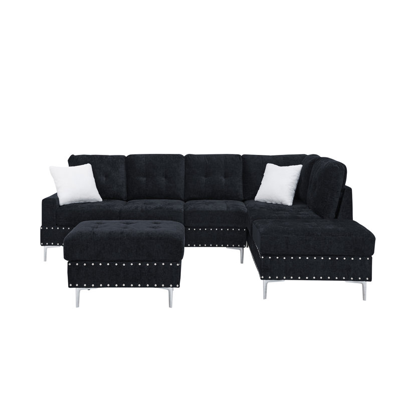 Sectional 3-Seaters Sofa With Chaise, Storage Ottoman, Metal Legs And Copper Nails,Two White Pillows,Navy Bule(102" X 76" X35")