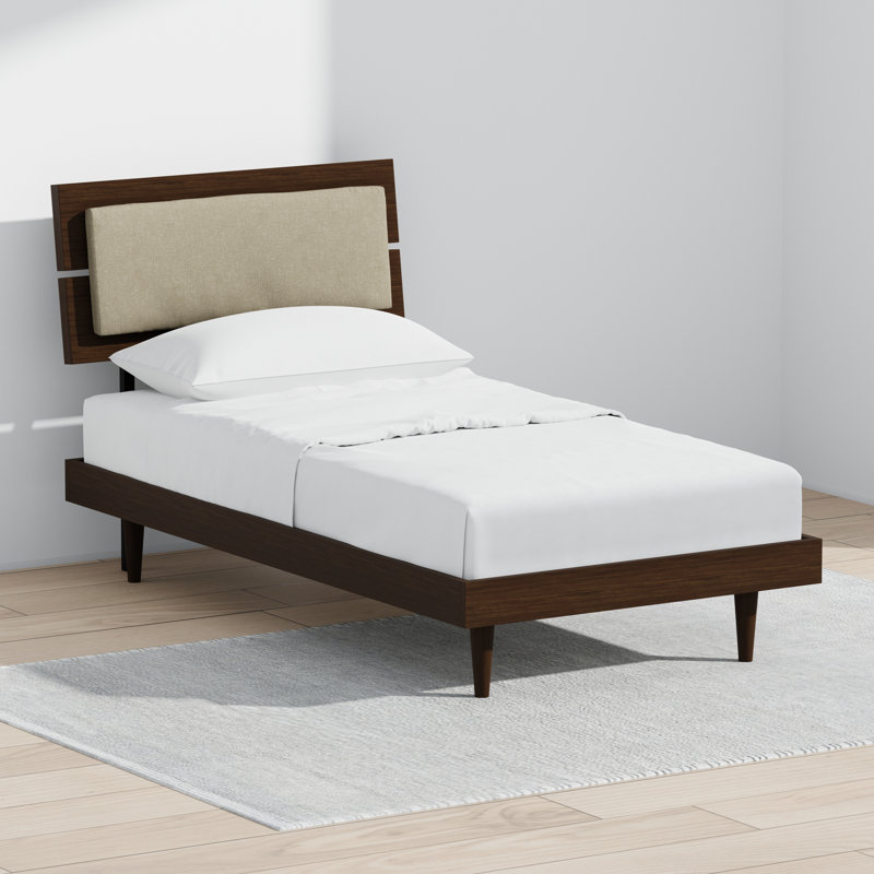 Benoni Wooden Bed With Taupe Cushion, Twin, Brown