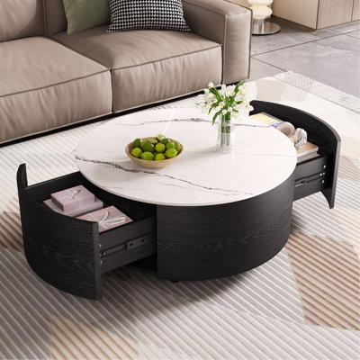 Modern Round Movable Coffee Table With Casters, 2 Drawers, Marble Pattern Sintered Stone Top, 29.5"