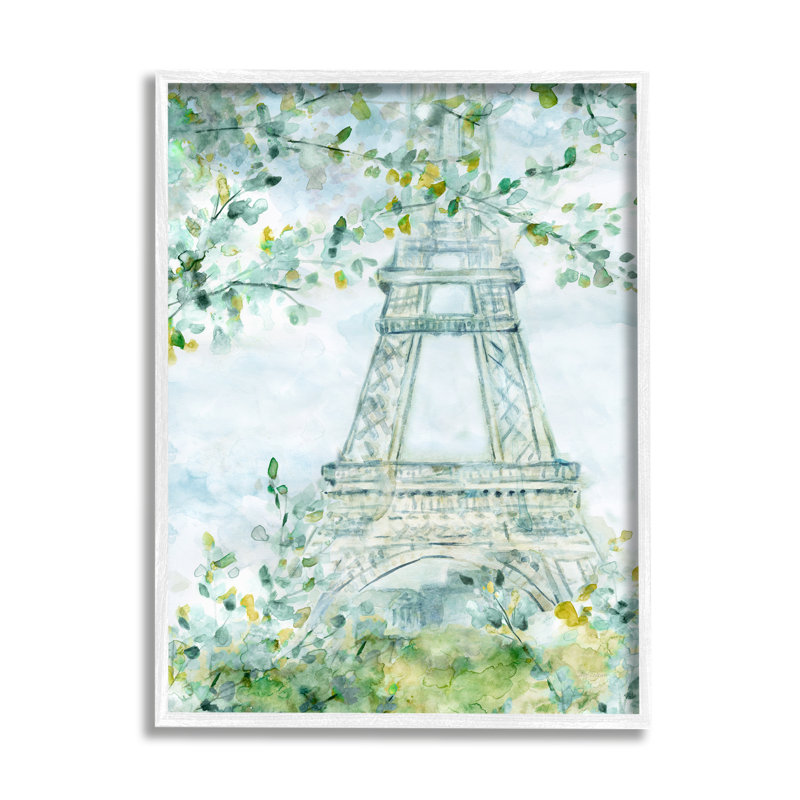 Aquarelle, tour Eiffel, peinture, feuilles vertes douces, ferme rustique surdimensionnée, estampe numérique sur toile, art texturé par Carol Robinson