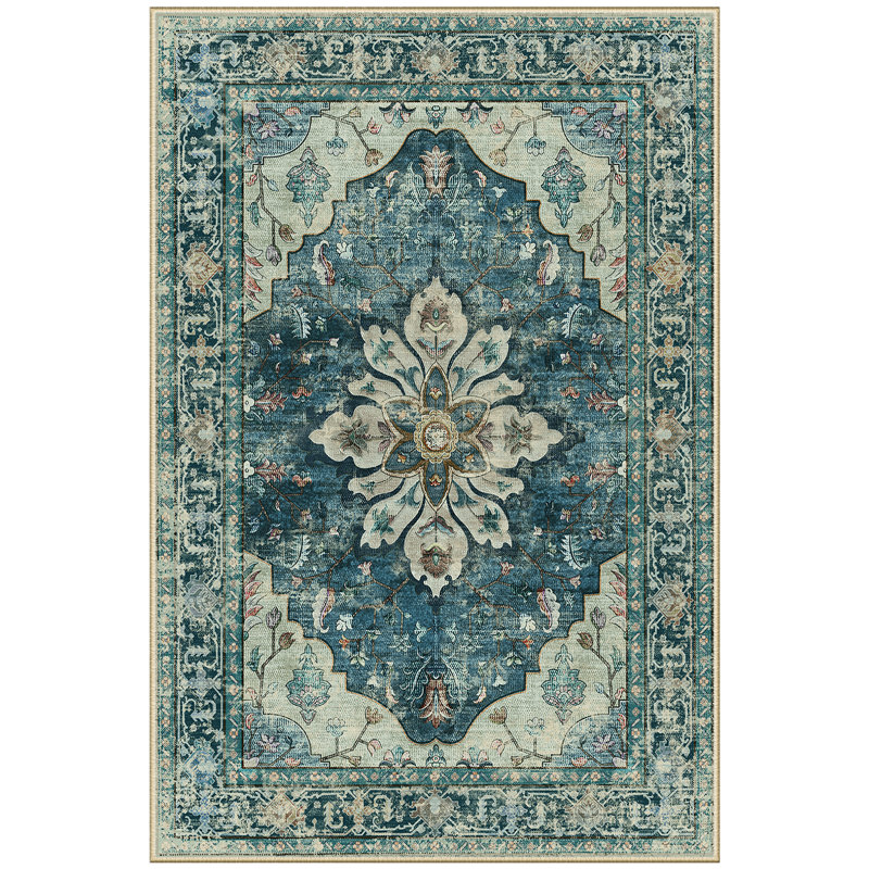 Sunflower Vintage Medallion Print Area Rug Non-Slip Machine Washable Low Pile for Living Room Bedroom, Vintage Dark Blue