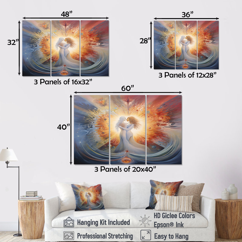 Divine Love Celestial Union Twin Flames - Woman Goddess Wall Art Decor Set, Wrapped Canvas, 32" H x 48" W x 1" D