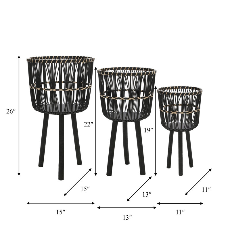 Handwoven Bamboo and Pine Wood Planters with Tripod Base, Decorative Woven Design, Durable Construction, Set of 3, 3 Piece