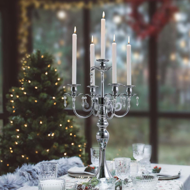 5-Arm Silver Metal Candelabra with K9 Crystal Pendants – 20 Inch Tall Taper Candle Holder for Wedding, Dining Table Centerpiece & Home Decor