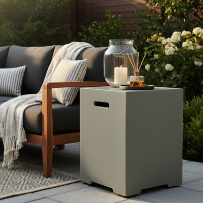 Couvercle de réservoir de propane 20 lb 16 po, cachette extérieure pour foyers, support en béton gris, composite résistant à la chaleur, mobilité intégrée, table de chevet à double usage, couvercle en pouces, réservoir de gaz