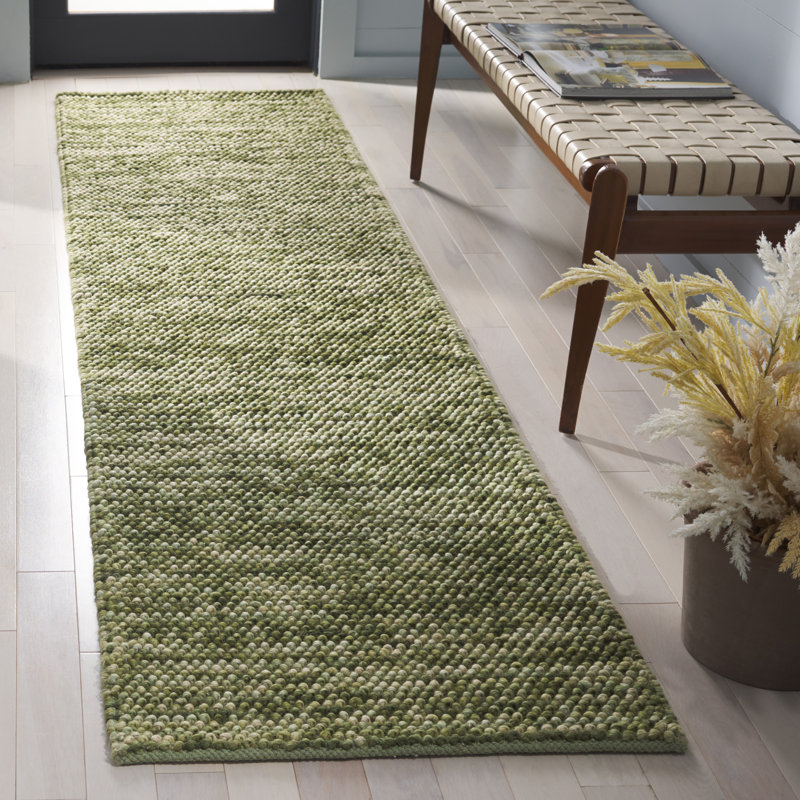 Tapis vert / ivoire en laine / coton / polyester tissé à la main Natura 425, Tapis de couloir 2 pi 3 po x 9 pi