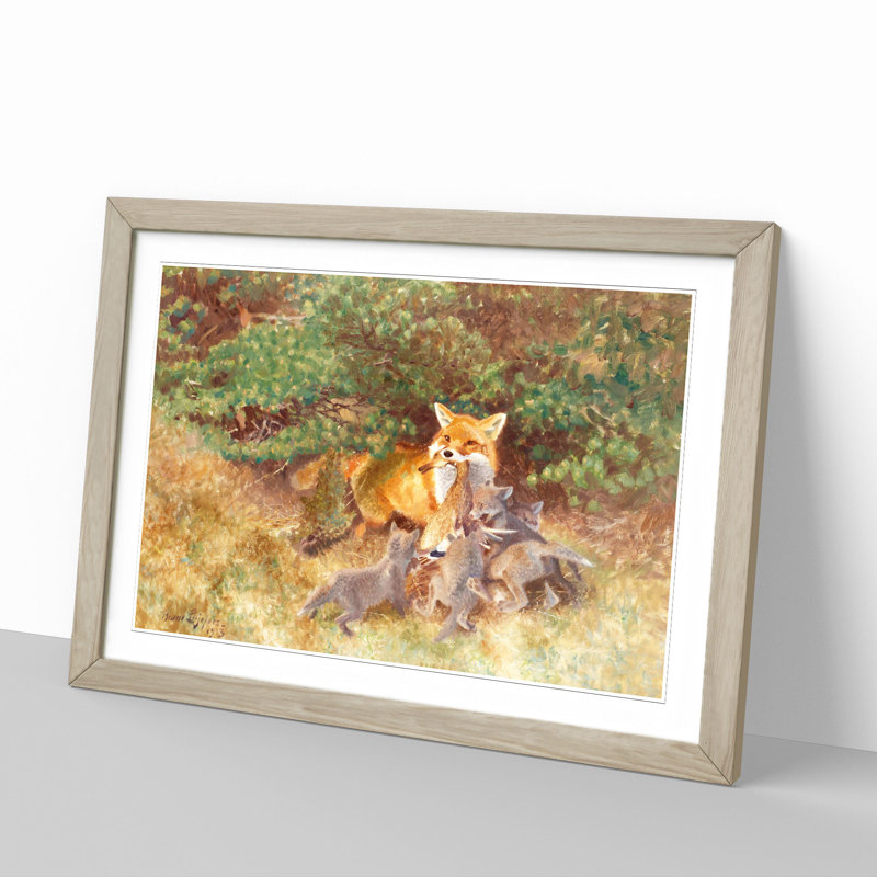 Fox and Cubs by Bruno Liljefors - Picture Frame Painting, 27cm H x 36cm W x 2cm D, Oak Framed