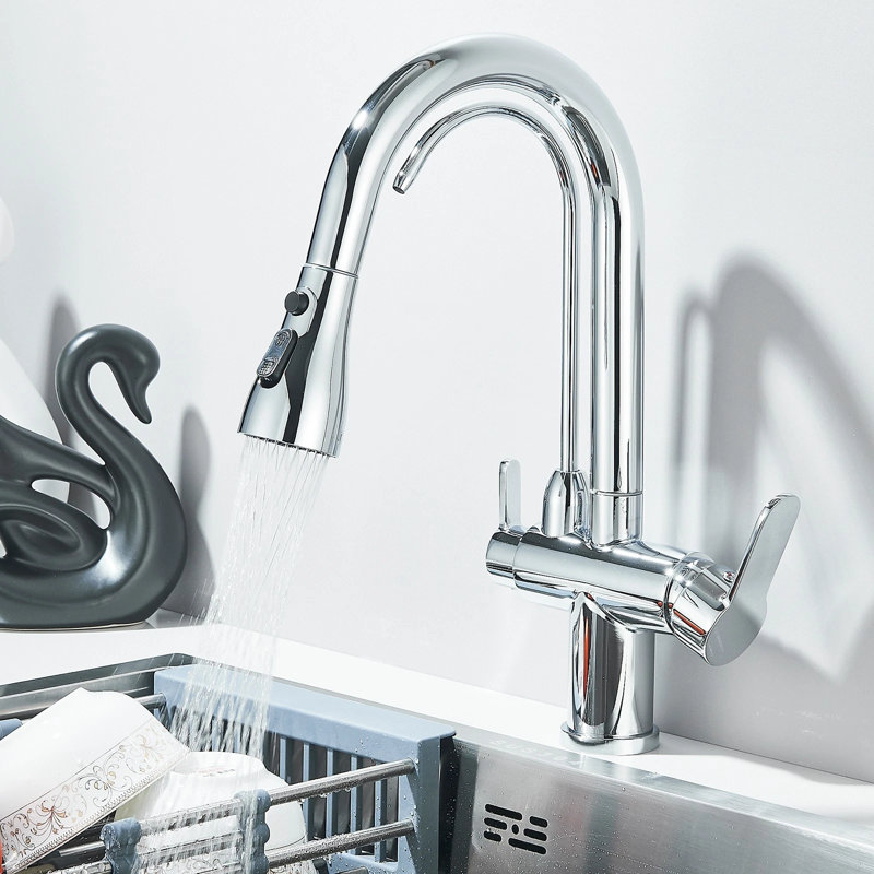 Robinets mélangeurs chromés à 3 voies pour robinet de cuisine avec douchette extractible