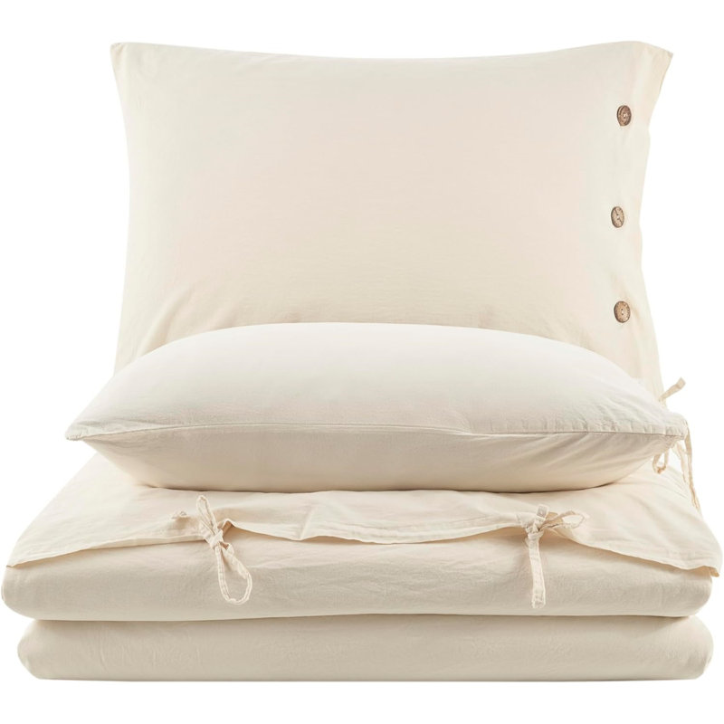 Ensemble de housse de couette Monarch 100% lin de coton lavé, très doux, confortable, chic, léger, 5 pièces, 2 taies d'oreiller, 2 taies d'oreiller, 1 housse de couette, ensemble de literie