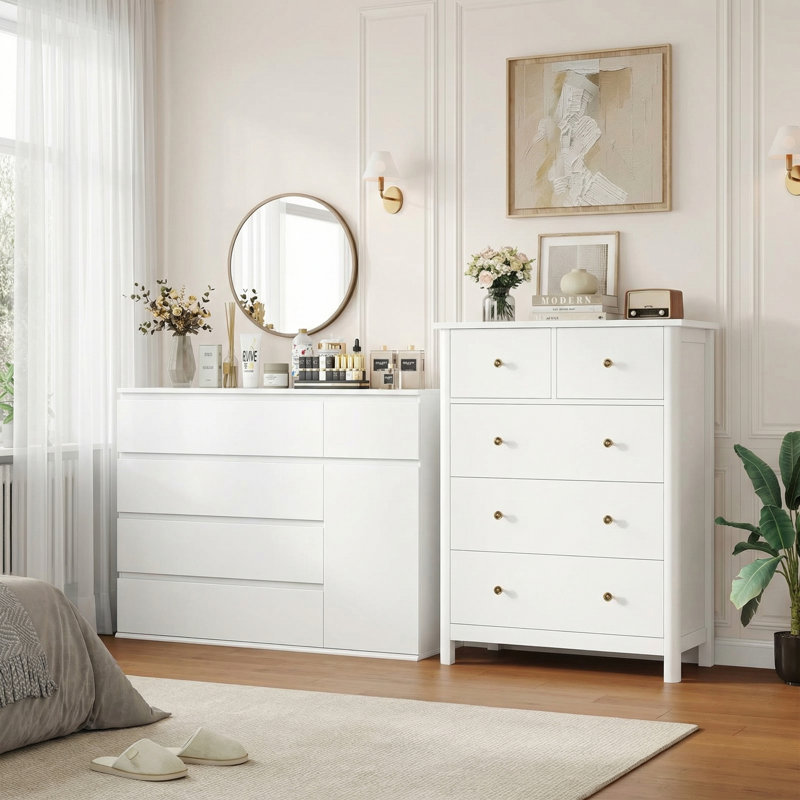 Commode double 8 tiroirs l 41,3 po Stallings - Commode en bois blanc avec design Mid-Century moderne