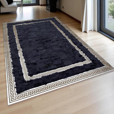 Black Toscana Sheepskin Rug With Greek Key Border, Custom Luxury Fur Carpet For Living Room Or Office, Handmade Hallway Area Rug_8.83 X 12 Ft