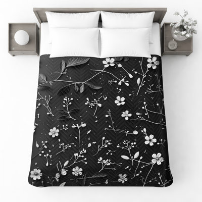 Couvre-lit matelassé à motif floral noir et blanc