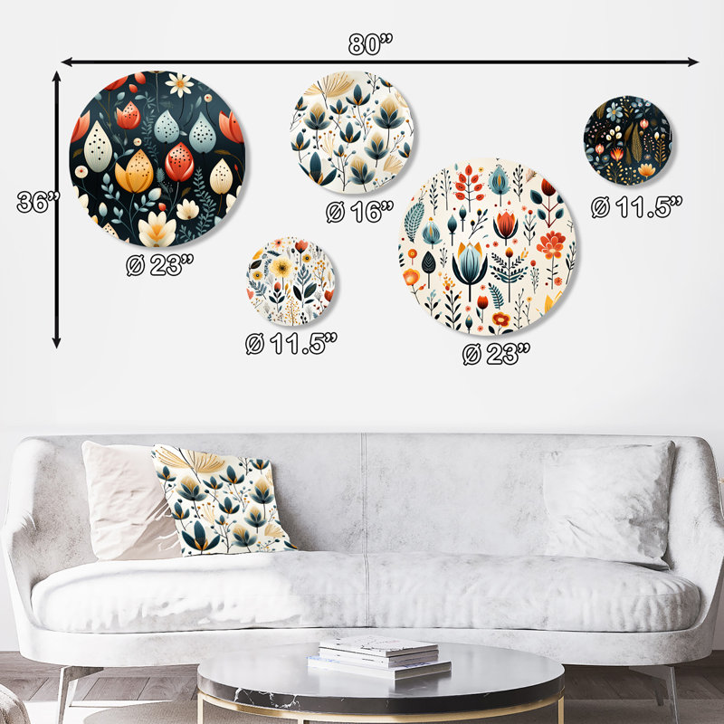 Scandinavian Botanical Collage V - ensemble d'art mural rond floral bohémien de 5