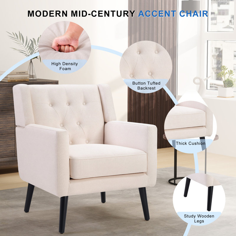 29" Wide Modern Upholstered Button-Tufted Accent Chair With Solid Wood Legs, Beige