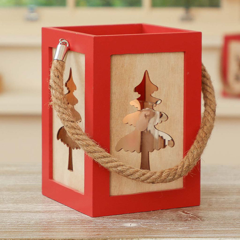 Wood Tabletop Lantern, Red