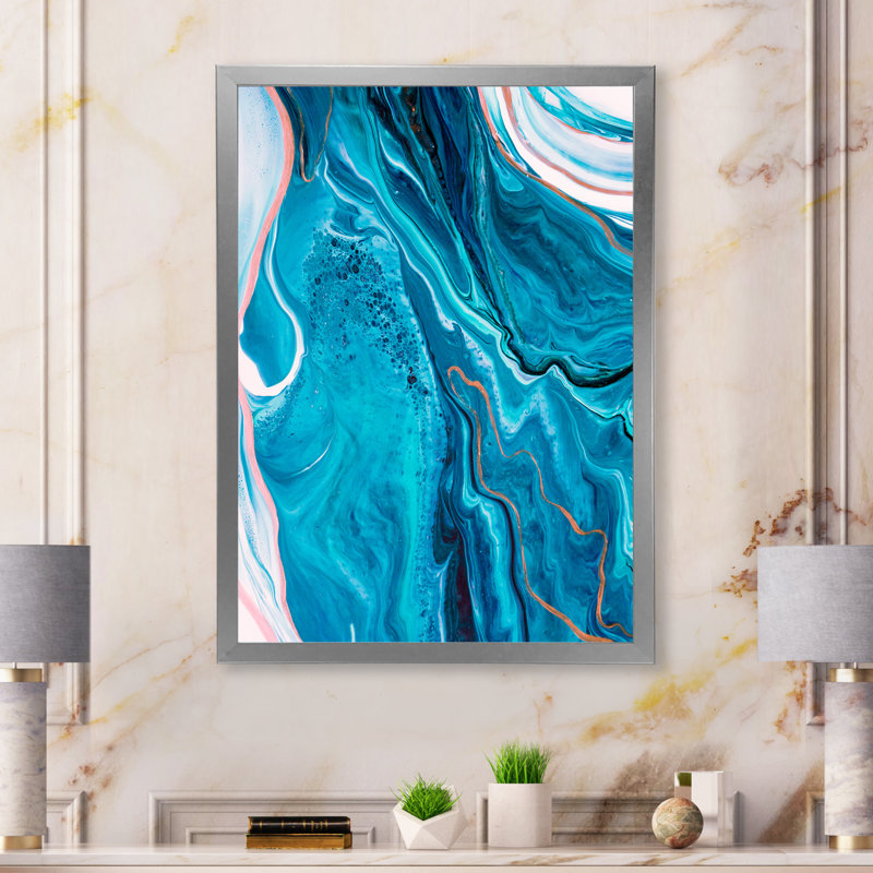 Décoration murale en toile Luxury Luxury Turquoise Marble River V, Cadre photo argenté, H 44 po x l 34 po x P 1,5 po